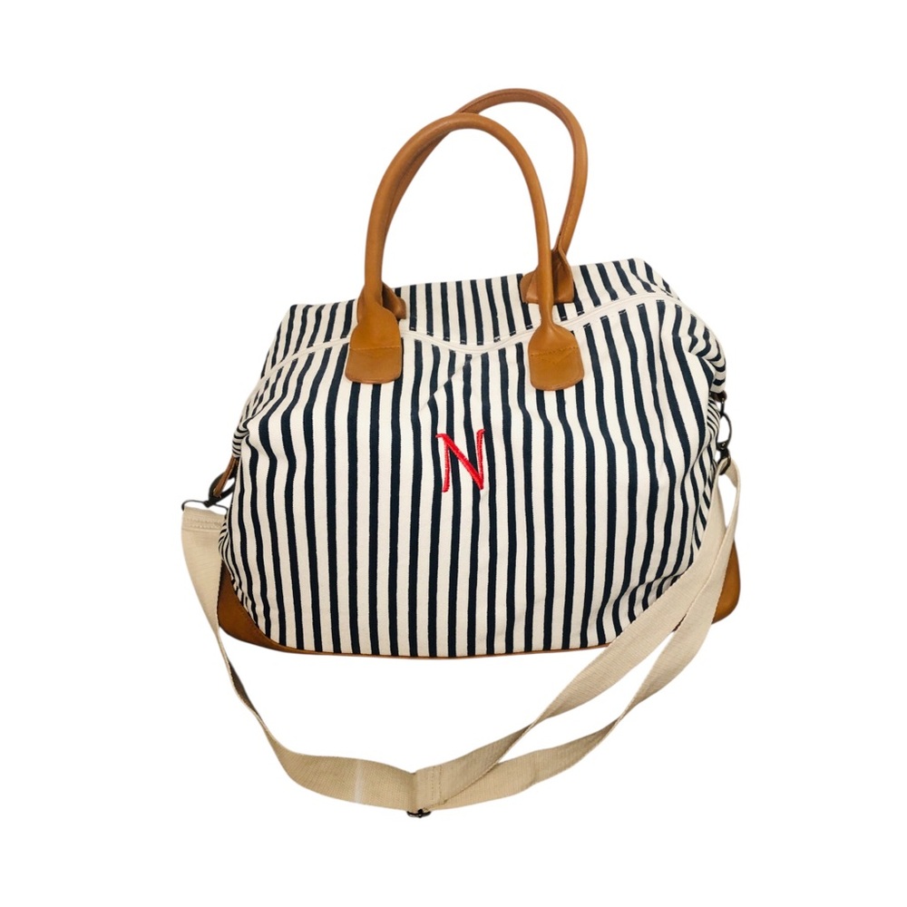 NWOT Striped Canvas Weekender Tote Bag with Tan Accents and Shoulder Strap.
